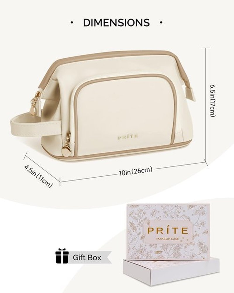 Prite Travel Makeup Bag, PU Leather Waterproof Cosmetic Organizer, Large Wide-open portable Toiletry Bag with Handle(Beige)