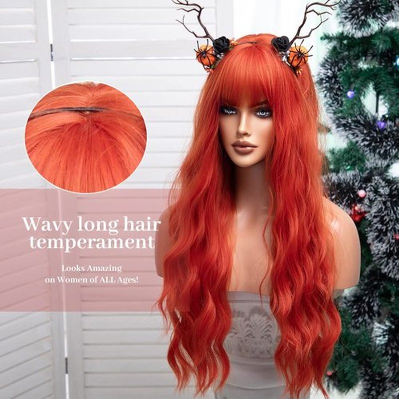 FORCUTEU Orange Wig with Bangs Long Orange Wigs for Women Orange Red Wavy Wigs Orange Heat Resistant Wigs for Daily Party Halloween Cosplay (Orange 26inch)