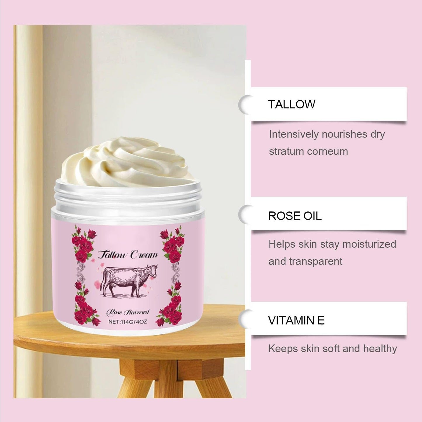TUOSHITONG Beef Tallow, Beef Tallow for Skin, Face & Body Whipped Moisturizer with Rose, Nourishing Soothing Moisturizer Body Cream Skin Care, Suitable for All Skin Types 4 oz