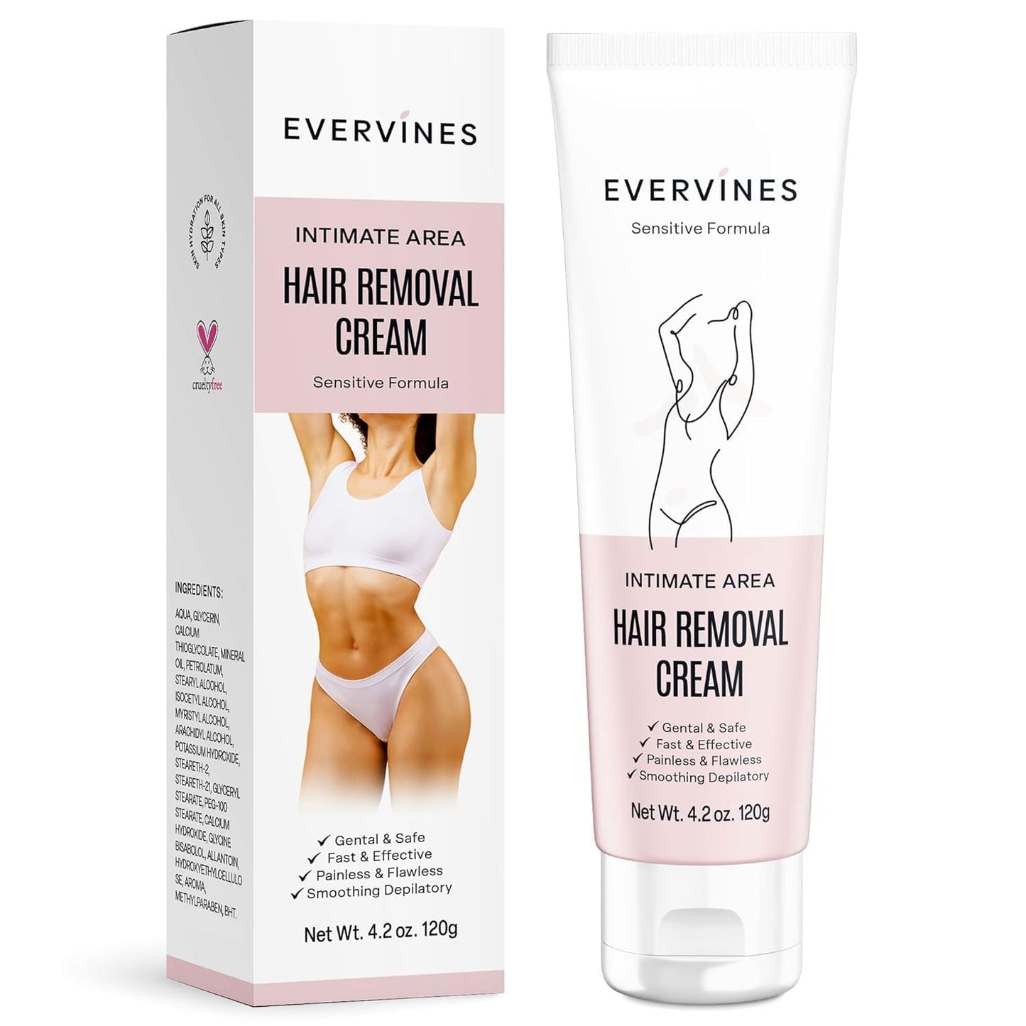 Evervines Hair Removal Cream for Women: Fast, Painless Depilatory for Bikini, Pubic, Legs, Arms, Underarms – Sensitive Skin Safe, Travel & Home Use with Scraper – 4.2oz (1 pack)