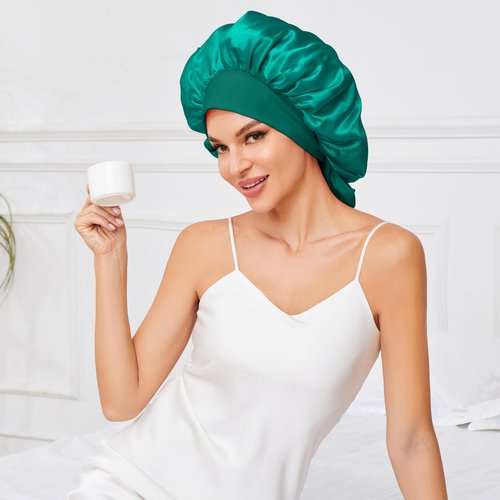 Silk Bonnet for Sleeping Women, Large Silk Hair Bonnet for Sleeping, Satin Hair Bonnet for Sleeping with Tie Band Green