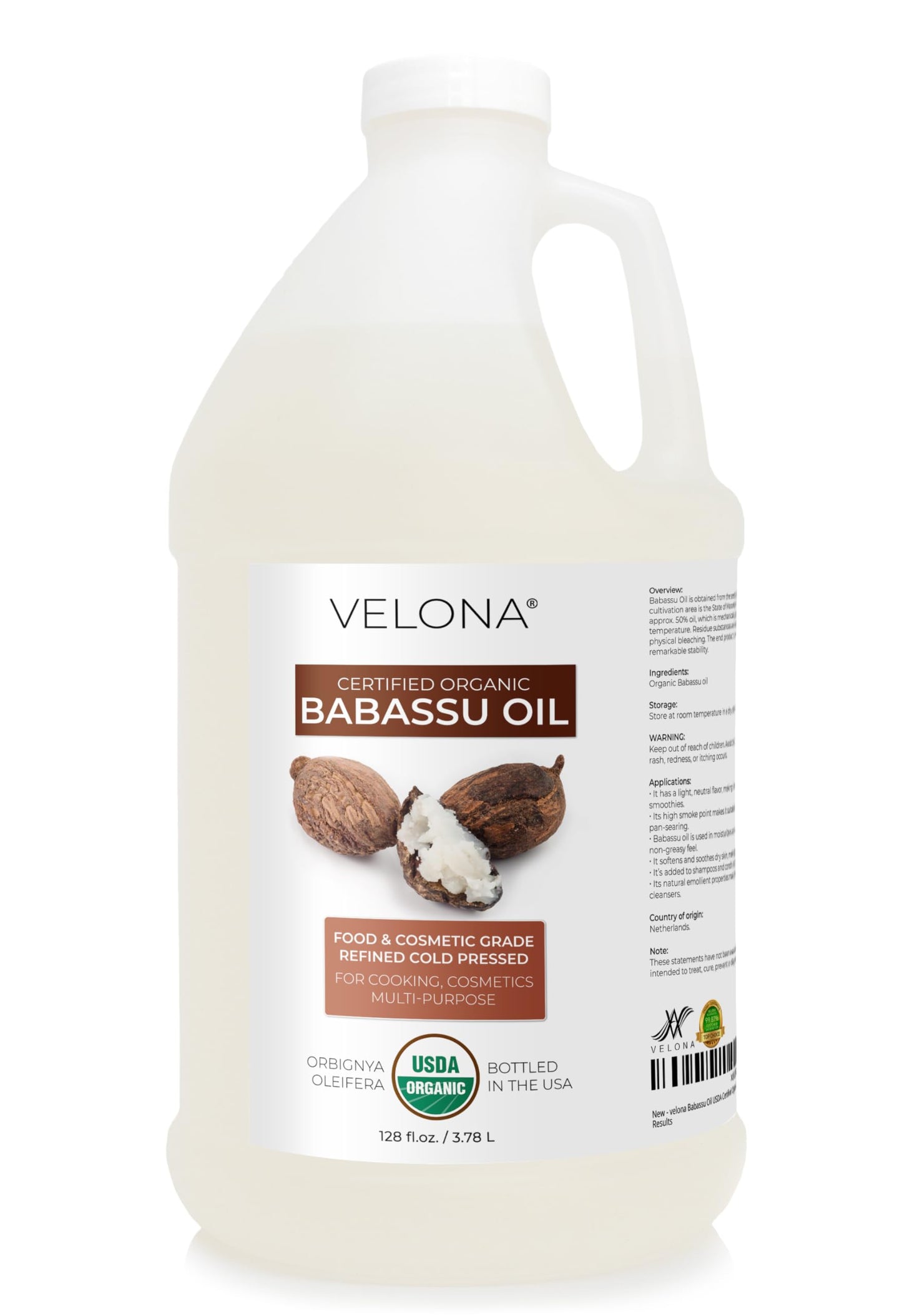velona USDA Organic Babassu Oil - 1 Gallon / 128 fl oz, Cold Pressed
