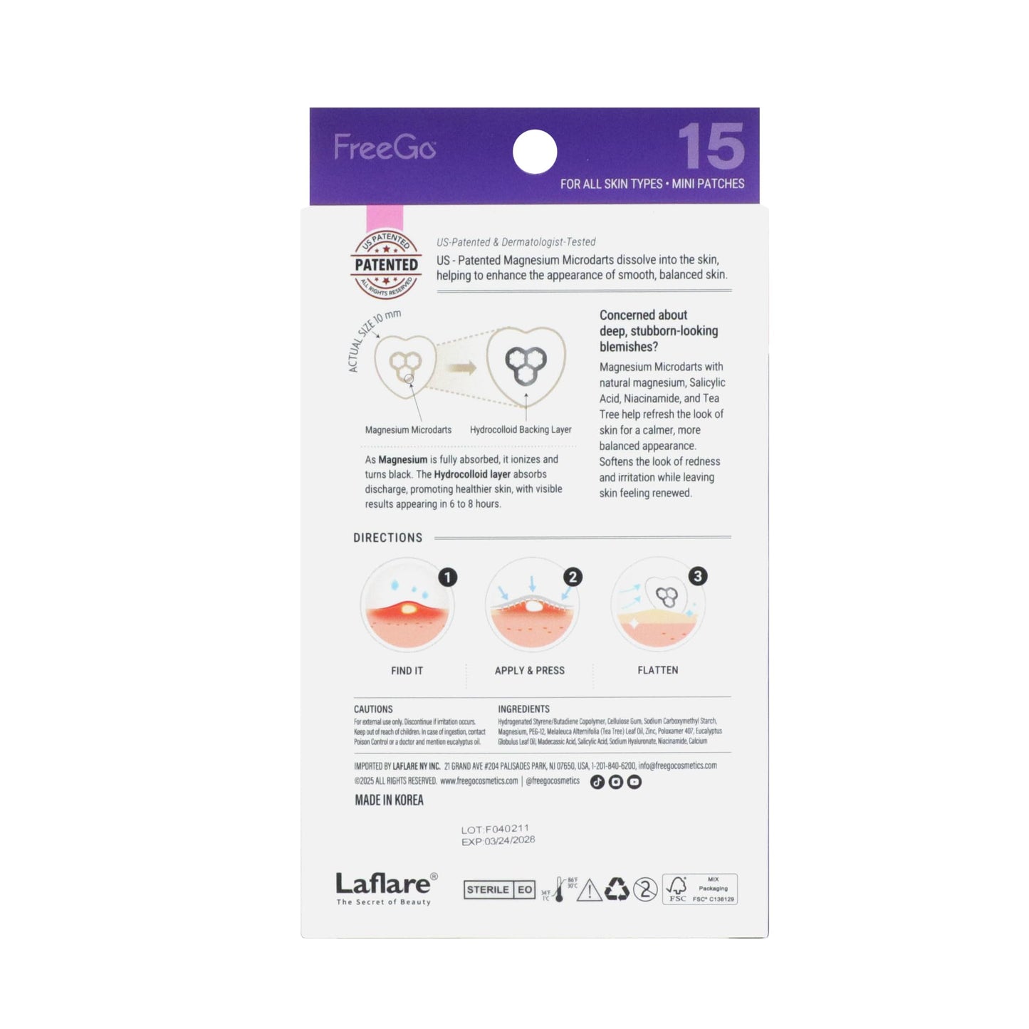 FreeGo Magnesium Blemish Microdarts Pimple Patch | Fast-Acting | Quick Calming | 99.9% Pure Magnesium | Madecassic Acid | Tea Tree | Eucalyptus Leaf | Hydrocolloid Spot Patch | Mini 2 Packs 30 Patches
