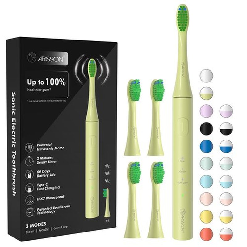 ARISSON Sonic Electric Toothbrush for Adults and Kids, 40,000 VPM Power Toothbrush, 1.5H Fast Charge Ultrasonic Electric Toothbrushes with 2 Minutes Smart Timer, 1.6 Oz Travel Toothbrush, Lime Green