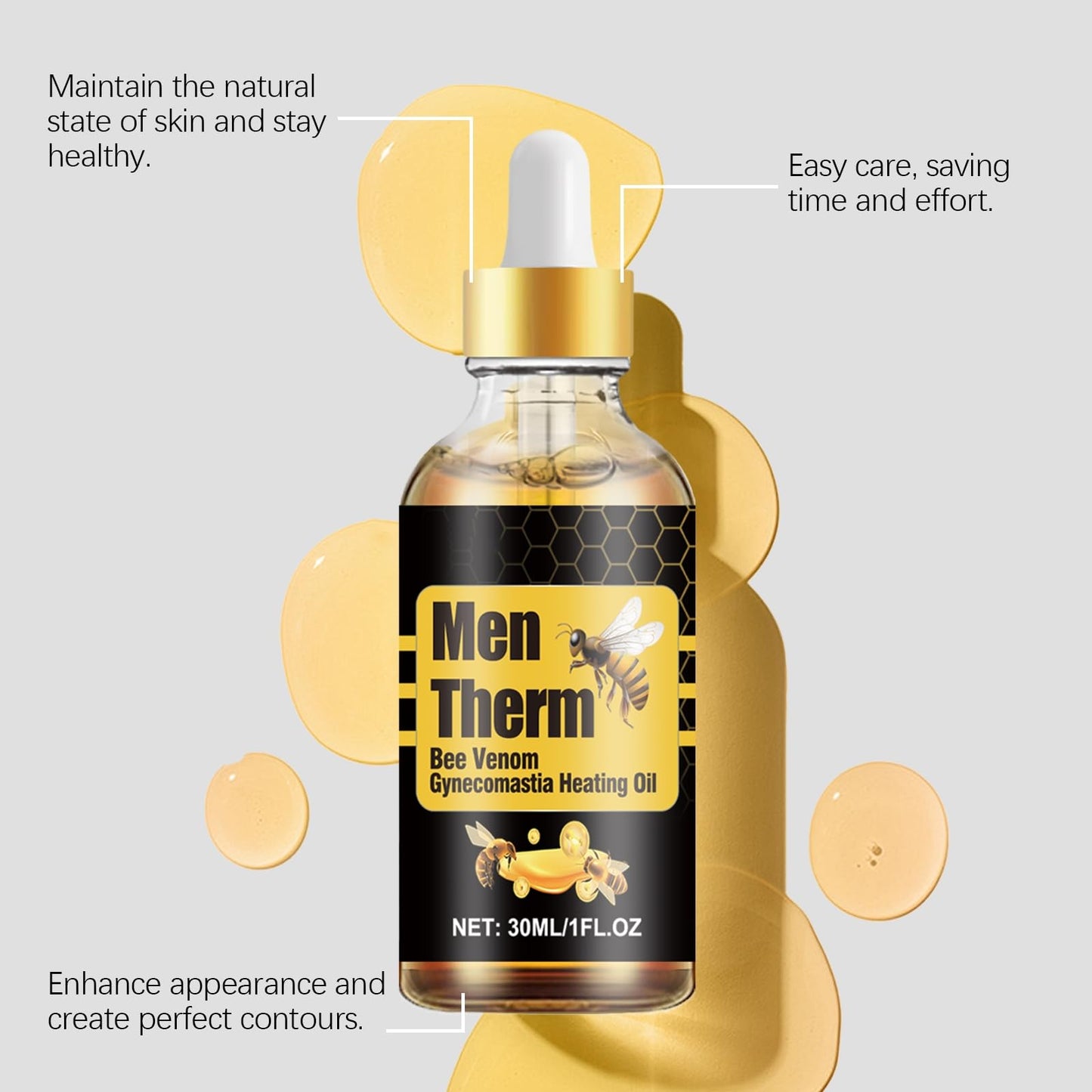 Men Therm Bee Venom Gynecomastia Heating Oil, Chest Firming Treatment with Green Tea Extract and Ginseng, 30ml/1 fl oz