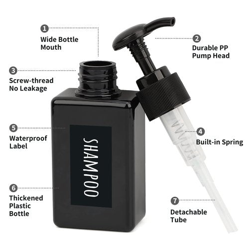 Segbeauty Black Plastic Square Shower Dispenser, 4pcs 3.4oz Empty Hand Soap Bottles with Label, 100ml Refillable Press Pump Portable Lotion Dispenser Liquid Container for Travel Bathroom Hotel Kitchen