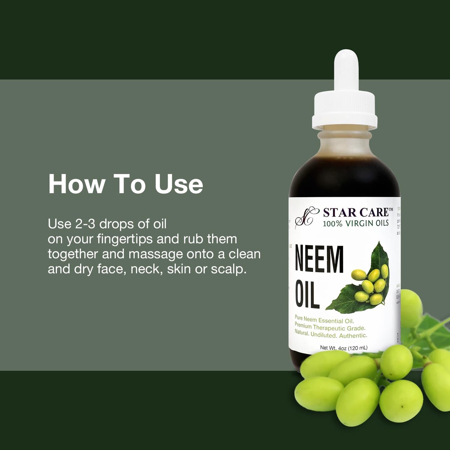 STAR CARE 100% Virgin Neem Oil Pure Cold Pressed Neem Oil for Skin, Hair, and Scalp, Natural Moisturizer for Face, Nails, and Body Care - 4oz (120ml)