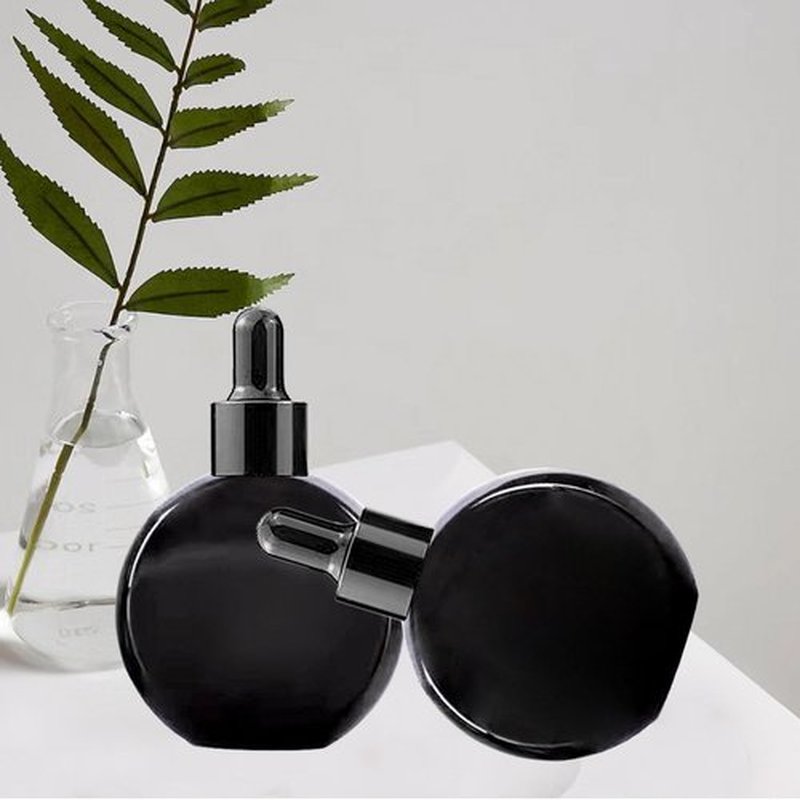 PYAWI 6Pcs, 2 oz Black Glass Dropper Bottles for Essential Oils ，60ml flat round perfume bottle with Eye Droppers， for Essential Oils, Perfumes, Serums - Leakproof for Travel (B-Black)