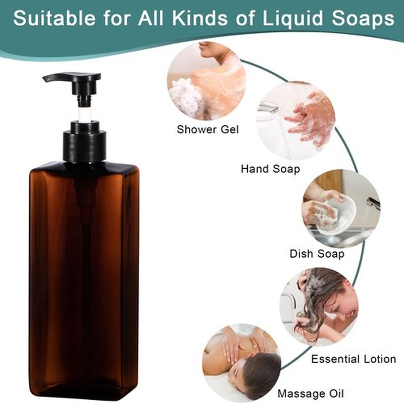 Pump Bottles for Liquids, Yebeauty 2pcs Shower Pump Bottles 17oz 500ml Empty Pump Bottle Lotion Soap Dispenser Liquid Container Plastic Soap Dispenser for Kitchen,Bathroom Body Wash, Amber