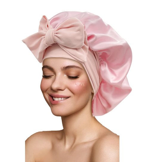 Satin Bonnet Silk Bonnet Hair Bonnet for Sleeping Large Bonnets with Tie Band Hair Wrap with Adjustable Straps Hair Cap Night Sleep Caps for Women Curly Braid Hair Pink