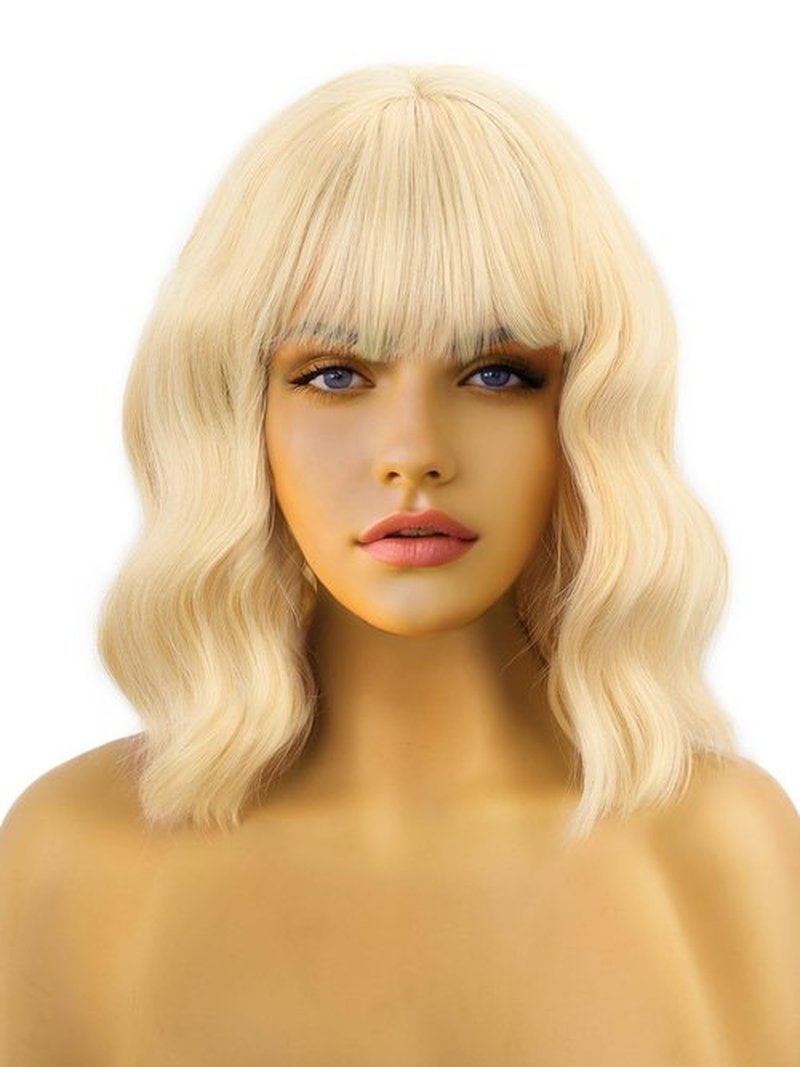 FREEMEIGE Short Bob Wigs with Bangs for Women Blonde Bob Wavy Wig Curly Wavy Shoulder Length Bob Wigs Synthetic Cosplay Wig for Girl Colorful Costume Wigs