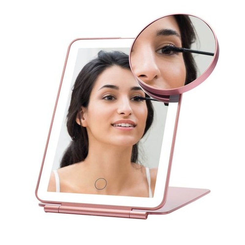 LED Foldable Travel Makeup Mirror - 5x7 inches 3 Colors Light Modes USB Rechargeable Touch Screen, Portable Tabletop Cosmetic for Travel, Cosmetic, Office (Rose Gold)