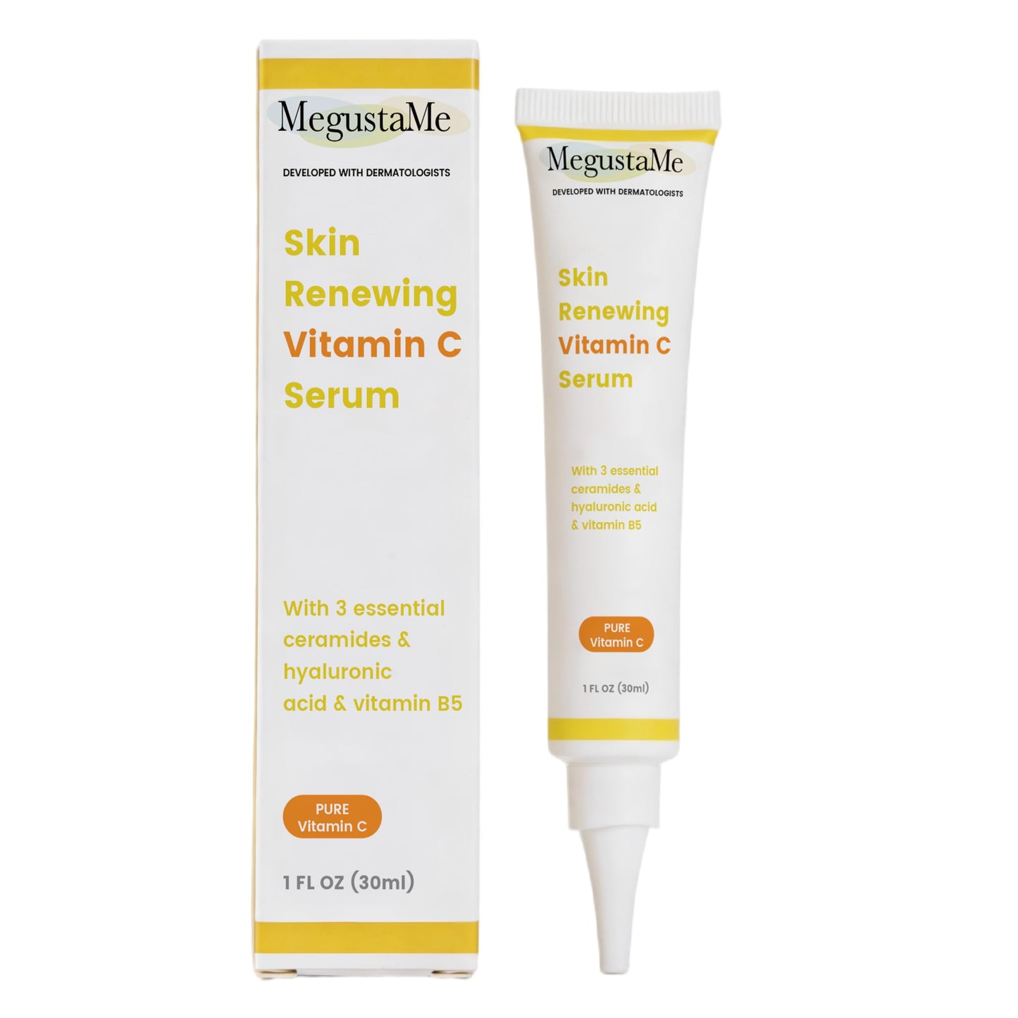MegustaMe Skin Renewing Vitamin C Serum 30ml - Pure Vitamin C Serum Dermatologist Developed Brightening Antioxidant Face Serum for Glowing Skin,Hydrating Skin Barrier Repair Serum.