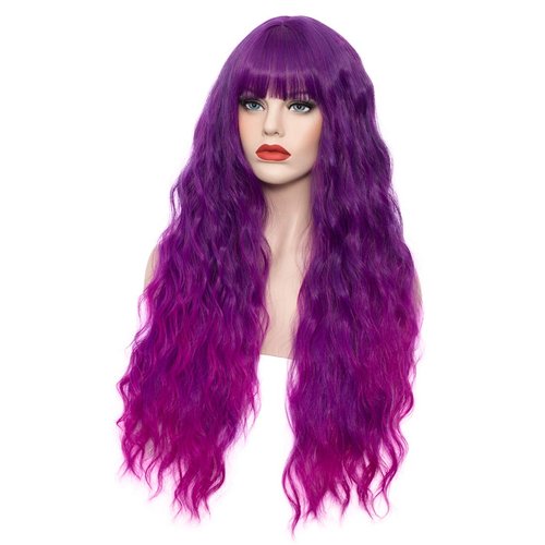 WGPFWIG Women's Bright Purple Ombre Wig 27 Inches Long Curly Wavy Hair Wig Heat Resistant Fibers Synthetic Wig For Women Girl Cosplay Party Halloween Wig Cap Included (Bright Purple Ombre)