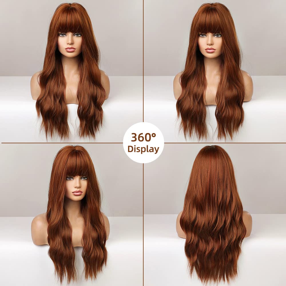 FORCUTEU Auburn Wig with Bangs Long Auburn Wigs for Women Auburn Wavy Wig Heat Resistant Wigs for Daily Party Halloween (Auburn 24inch)