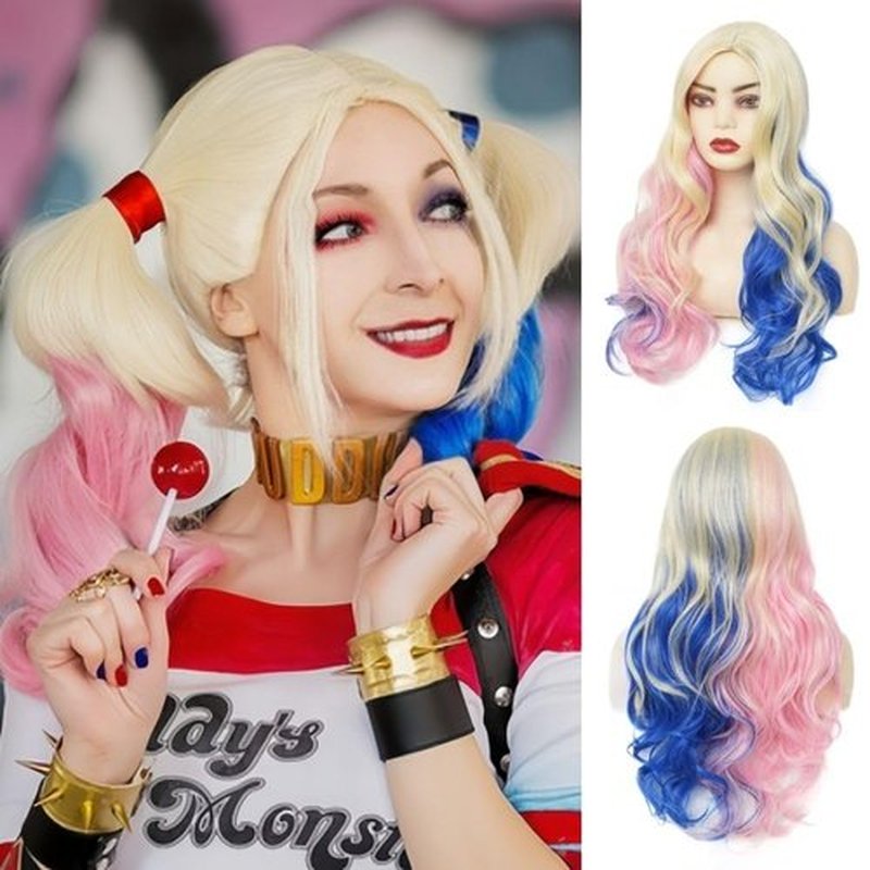 Amnenl Long Curly Wavy Blonde Pink Blue Ombre Wig for Women Realistic Synthetic Cosplay Halloween Hair Wigs