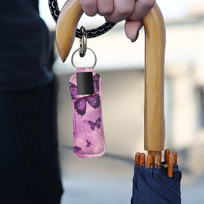 SEANATIVE Purple Butterfly 5 Pieces Lipstick Keychain Holder Lip Balm Holder Keychain Clip on Sleeve Chapstick Lip Gloss Holder Colorful Lipstick Pocket Keychain Bag Accessories for Women