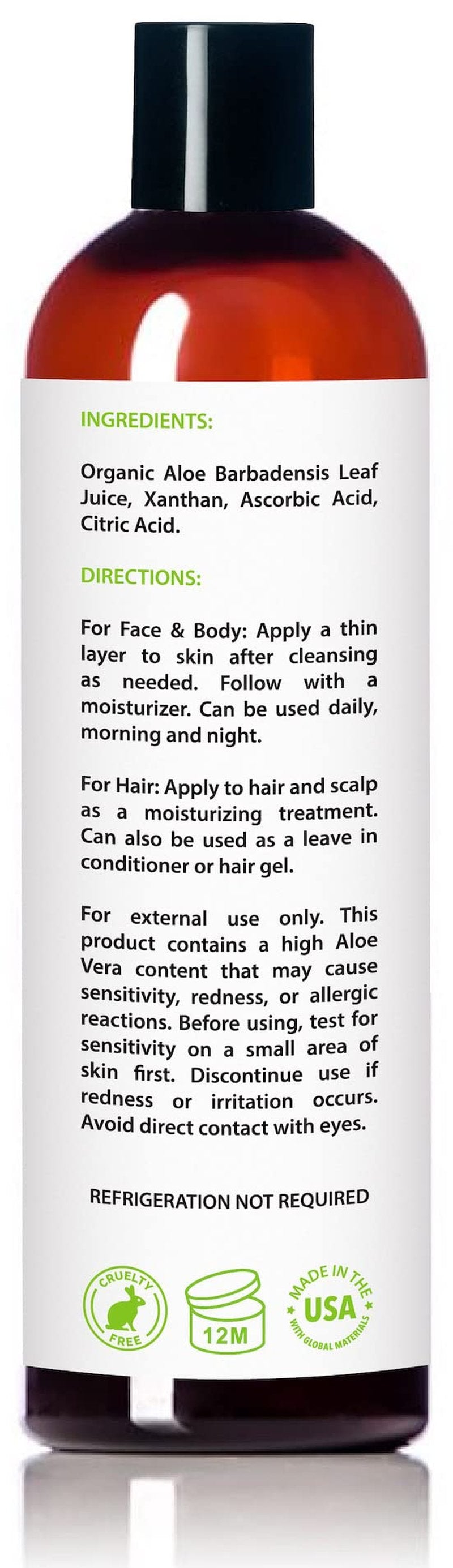 Organic Aloe Vera Gel for Skin, Face, Body, After Sun Care - USDA Certified Organic, 12 fl. oz.