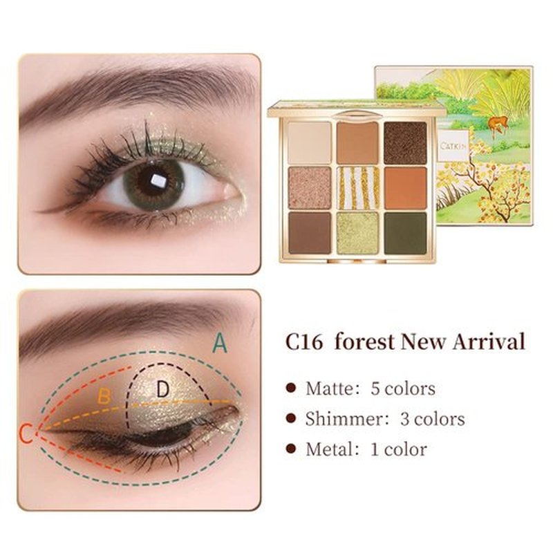 Catkin Eyeshadow Palettes 9 Blendable Shades Smooth Long Lasting Eyeshadow Matte and Glitter Eye Makeup Highly Pigmented Makeup Palettes C16
