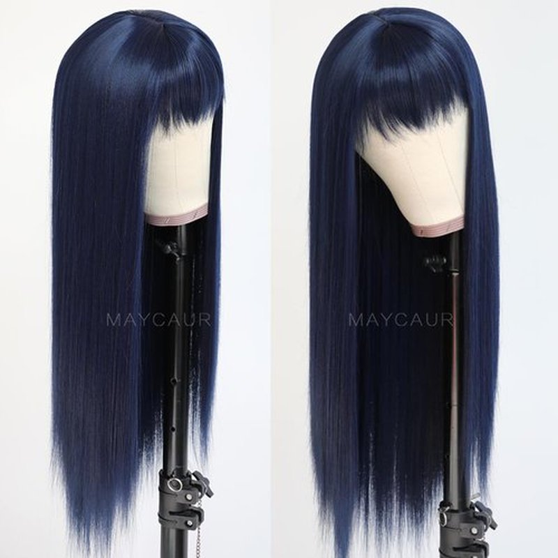 Maycaur Blue Synthetic Hair Wigs with Full Bangs Long Straight Women's Wig Heat Resistant Synthetic No Lace Wigs for Fashion Women