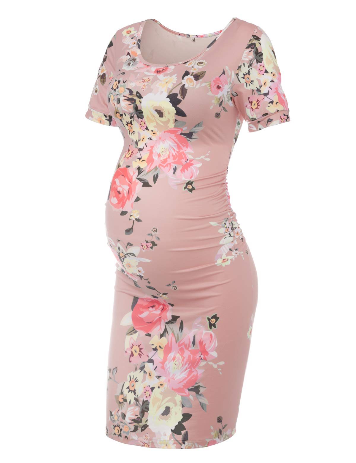 MUSIDORA Solid Color & Floral Side Ruch Maternity Dress/Short Sleeve Bodycon Dress Baby Shower Daily Wear