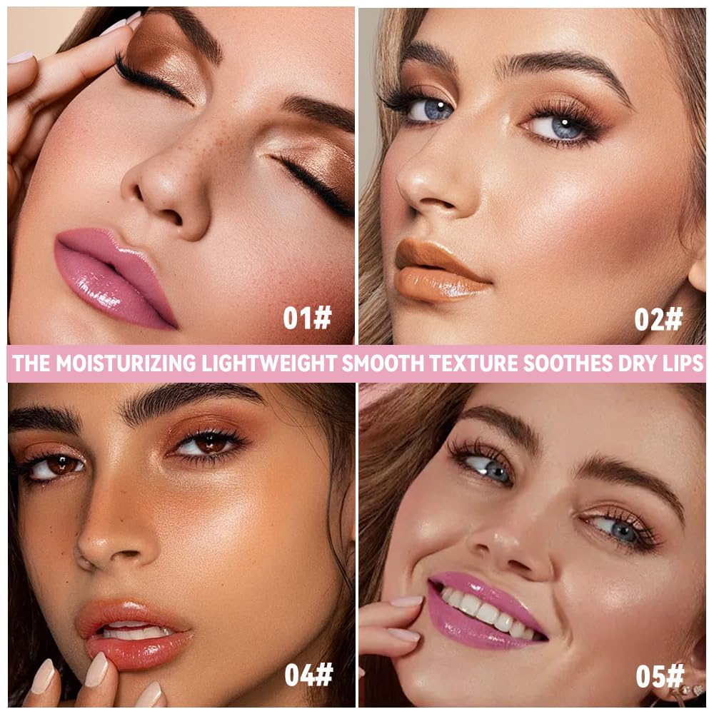 HHLTOH 4Pcs Summer Lip Butter Lip Balm Glow Reviver Lip Gloss, Melting Lip Serum, Ultra-Hydrating Natural Vegan Lip Balm, Sheer-Tinted Shine & Hydration, Soothes & Softens Dry Lips (01+02+04+05)