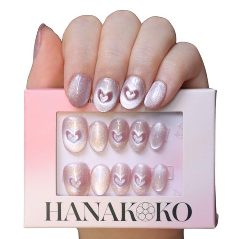 Hanakoko Press on Nails Handmade Nails 3D Press on Nails Short Medium Oval Almond Nails Fake Nails Glitter Cat Eye Nails Gel Nails Durable Reusable False Nails 10 Pcs (Cat Eye Heart Pink, S)