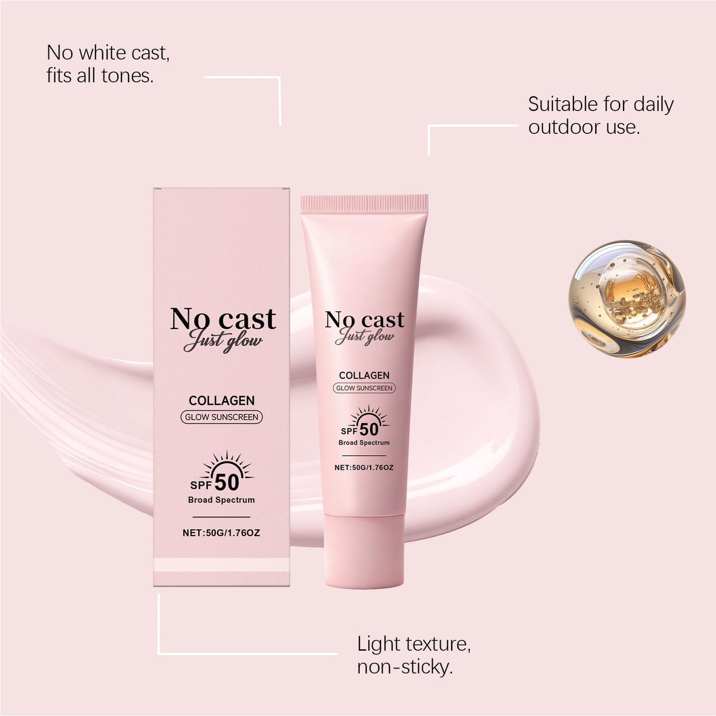 No Cast Just Glow Collagen Sunscreen, SPF 50 PA++++ Face Sunscreen with Peptide and Centella, Lightweight, Non-Sticky, Soothing Natural Sun screen Skincare