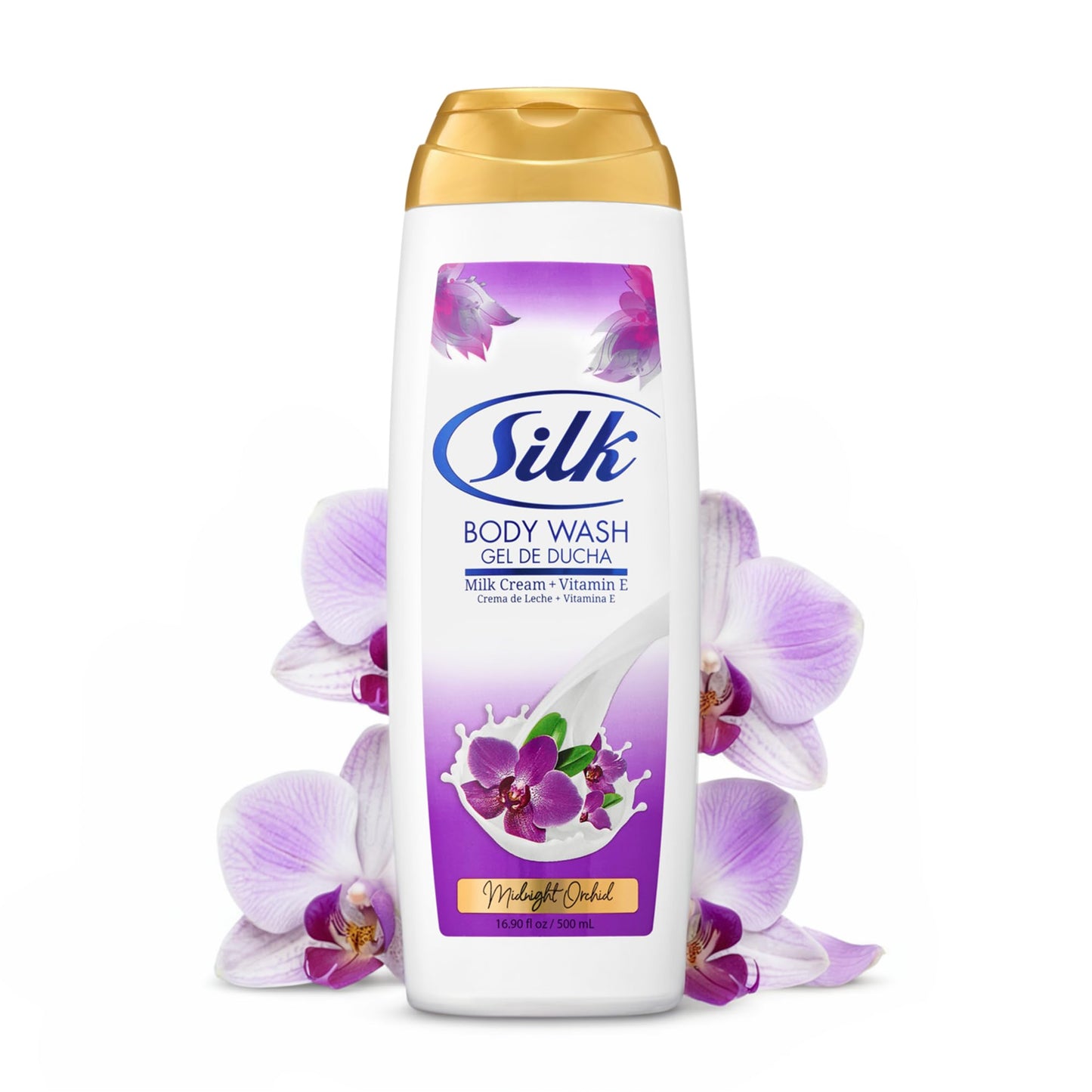 SILK Moisturizing Body Wash for Woman & Man - Daily Hydrating Shower Gel and Foaming Cleanser with Vitamin E and Glycerin, Rich Lather for Dry Skin Care, Midnight Orchid Scent, 16.9 Fl Oz