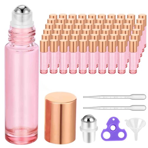 PrettyCare Roller Bottles For Oils 10 ml (Pink Glass, 60 Pack, 10 Extra Stainless Steel Balls, 72 Labels, 4 Opener, 7 Funnels Essential Oil Roller Bottles, Roller on Bottles