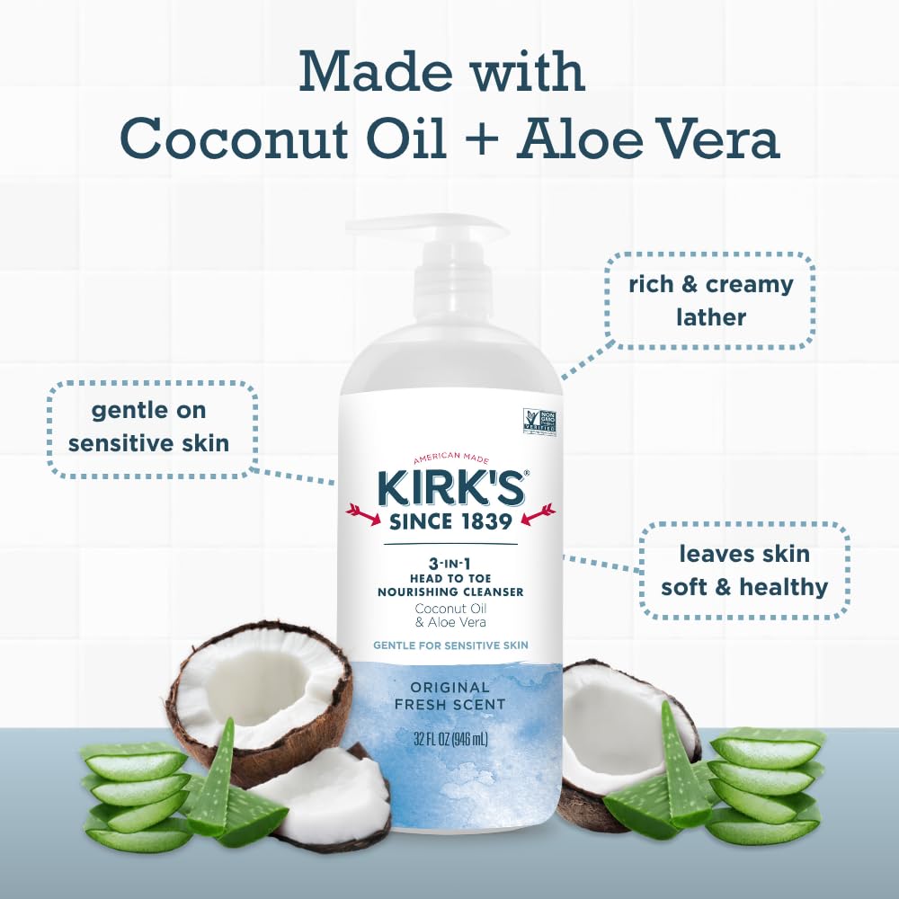 Kirk's Original Fresh 3-in-1 Nourishing Cleanser and Travel Bar Soap, Shampoo Body Wash Bubble Bath, Coconut Oil and Aloe Vera, Vegan Non-GMO, 32 Fl Oz