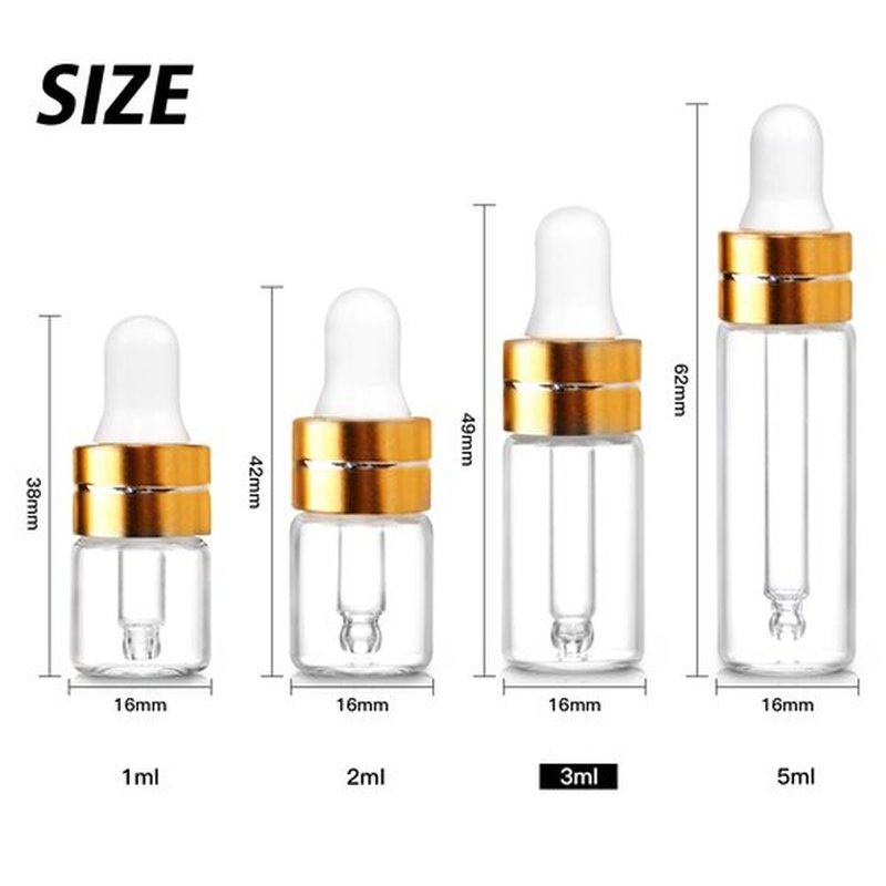 Comrzor 50 Pack 3ml Clear Glass Dropper Bottles with 2 Pcs Plastic Droppers, Mini Sample Dropper Bottles for Essential Oils Perfume Cosmetic Liquid, Empty Travel Sample Vials with Gold Cap