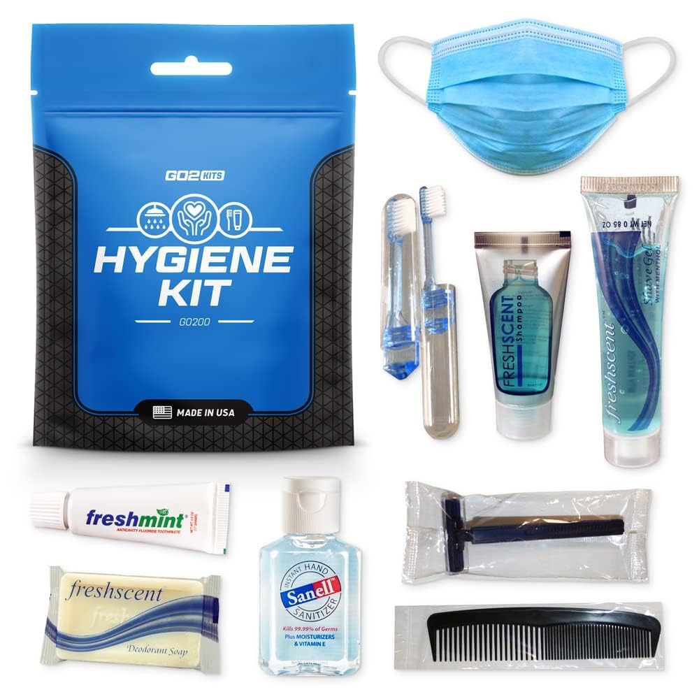 Go2Kits Ultimate Travel Toiletry Kit & PPE Kit, Hygiene Kit with Shaving Supplies & PPE for Travel, Business & Charity with Reusable Toothbrush, Soap, Other Essential Toiletries, 100-Pack (GO200)