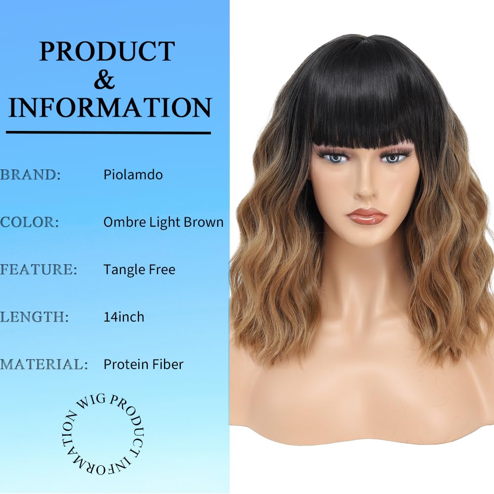 Short Wavy Ombre Brown Wig with Bangs 14inch Brown Wigs for Women Short Curly Bob Wigs Synthetic Natural Looking Hair Replacement Wigs Costume Cosplay Halloween Wig(14'' Ombre Brown)