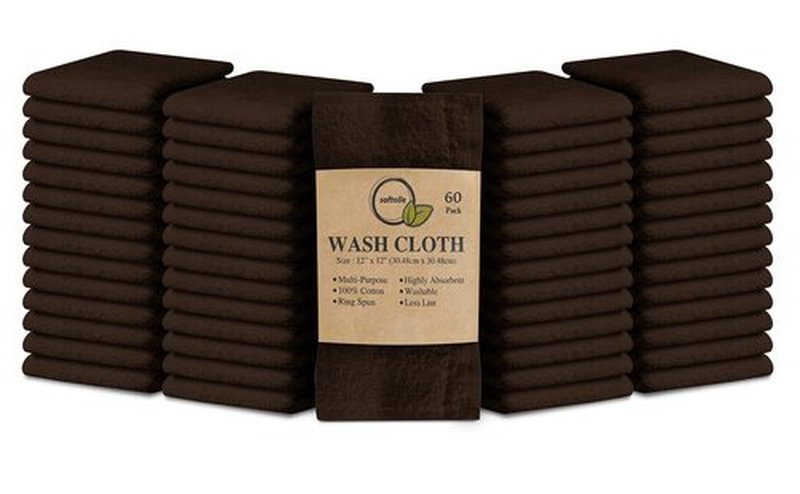 Softolle 100% Cotton Ring Spun Wash Cloths – Bulk Pack of Washcloths – 12x12 Inches – Wash Cloth for Face, Highly Absorbent, Soft and Face Towels (Dark Brown, 60 Pack)