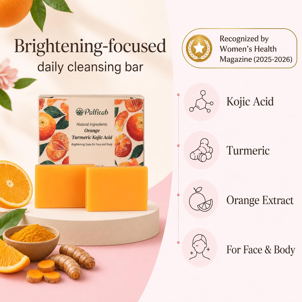 PALFICAB Kojic Acid Turmeric Soap for Dark Spots, 2 Bars with Foaming Net