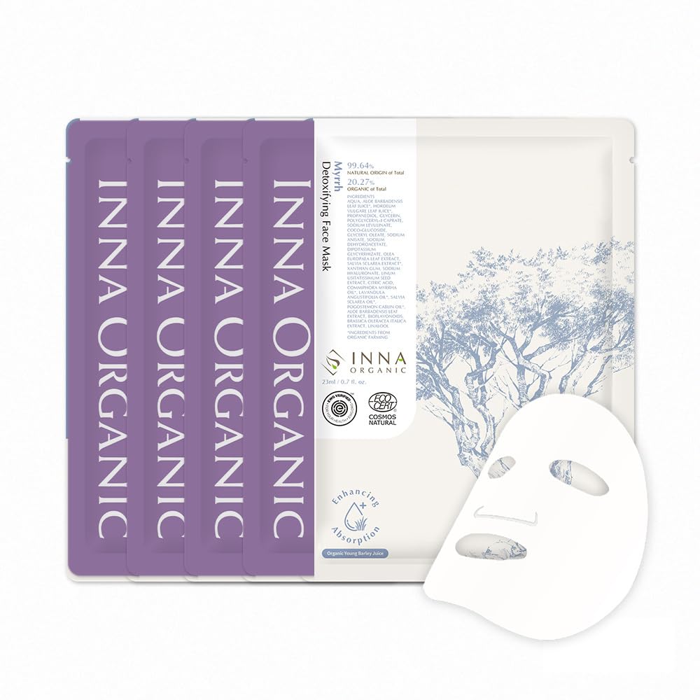 INNA ORGANIC Organic Sheet Mask - Deep Hydration & Post Microneedling Soothing, EWG & COSMOS Certified (Pack of 5) | Myrrh Essential Oils Infused Skin Care | Luxury Clean Beauty