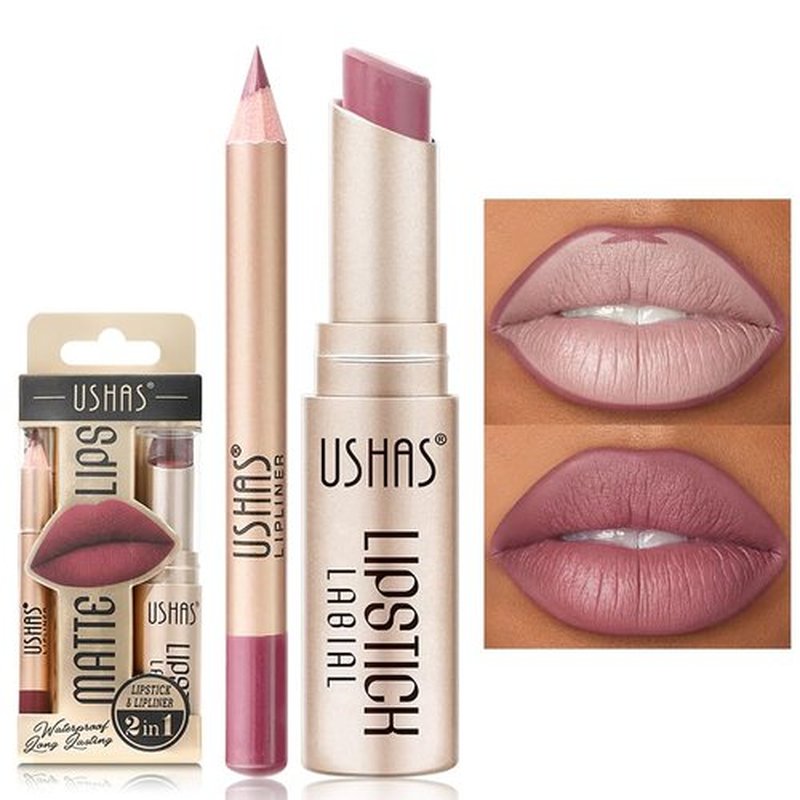 USHAS Lipstick and Lip Liner Combo Set 2 in 1 Waterproof Lipstick for Women Lip liner Set Long Lasting Lipstick, Matte Lipstick Pen with Lip Liner Set Makeup Kits (G5, Pack of 1)