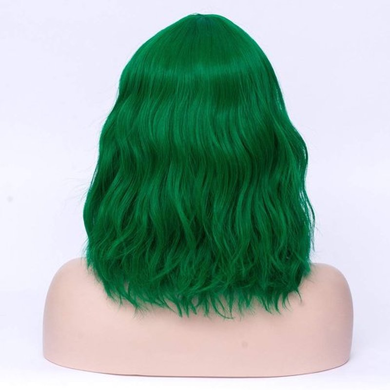 BERON 14 Inches Dark Green Wig Women’s Green Curly Wig with Bangs Green Wig for Women Halloween Cosplay Wig for Daily Use Synthetic Wigs (Dark Green)