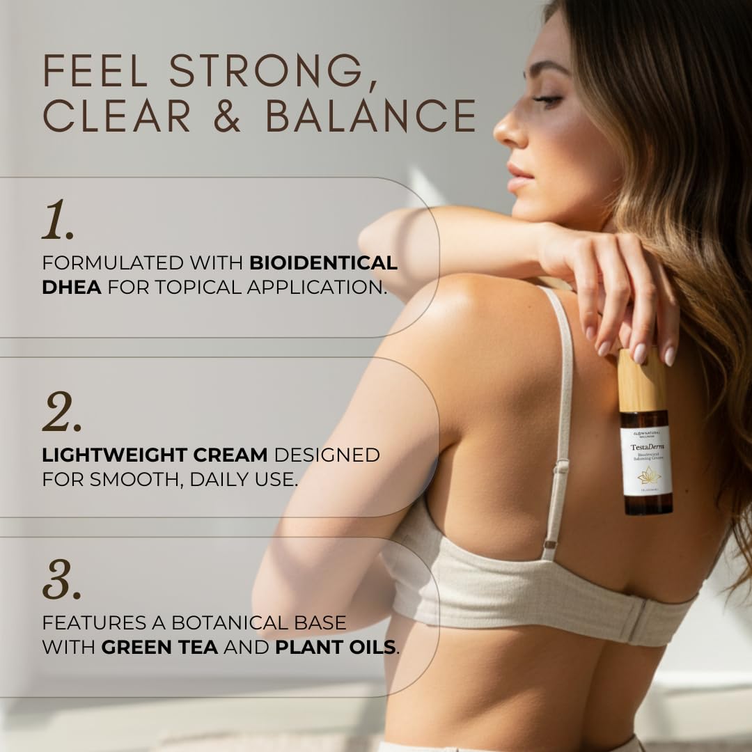 Glow Natural Wellness TestaDerm - DHEA Supplement Cream for Women - Plant-Derived Topical Balancing Cream - Unscented Formula with Botanicals - 1 fl oz (30ml)