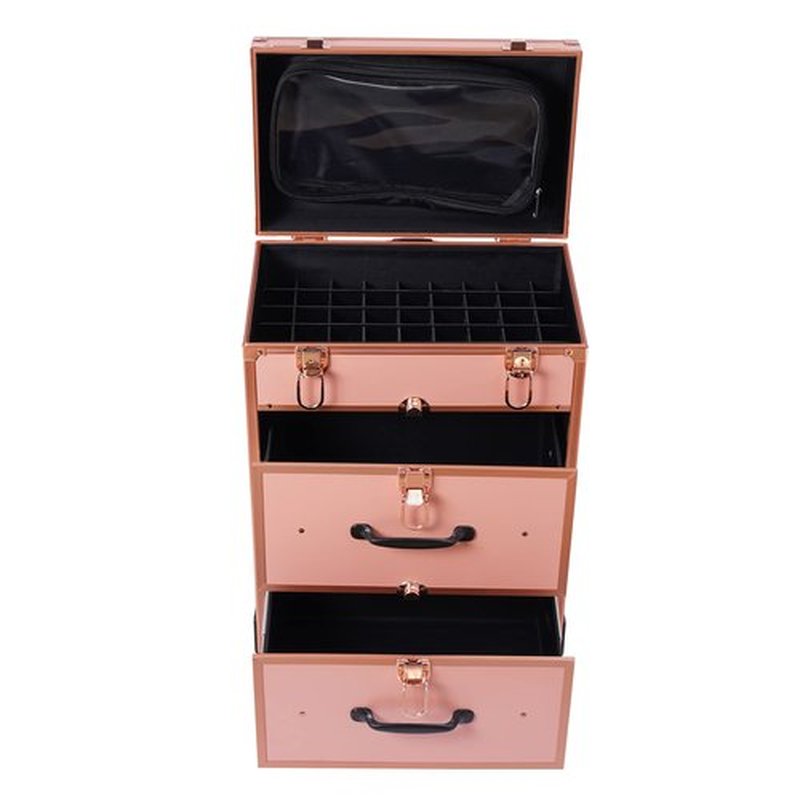 PalaUha Rolling Makeup Train Case Professional Cosmetic Organizer Trolley with Drawers Compartment Nail Case Wheeled Manicure Pedicure Storage Case for Hair Stylists Makeup Artists (Rose Gold)