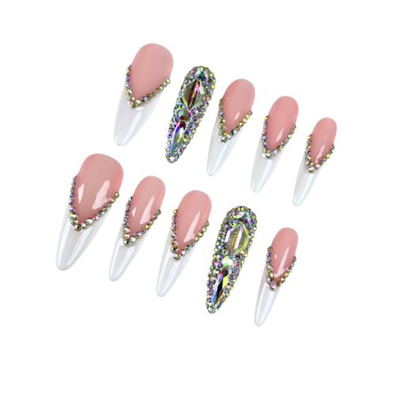 Yabonica Handmade Press On Nail French Tip-Glitter Press On Nail Long Stiletto False Nail-Glue On Nail Charm Design-Reusable Stick On Nail for Woman,10pcs Acrylic Fake Nail Art-White French Nail(039M)