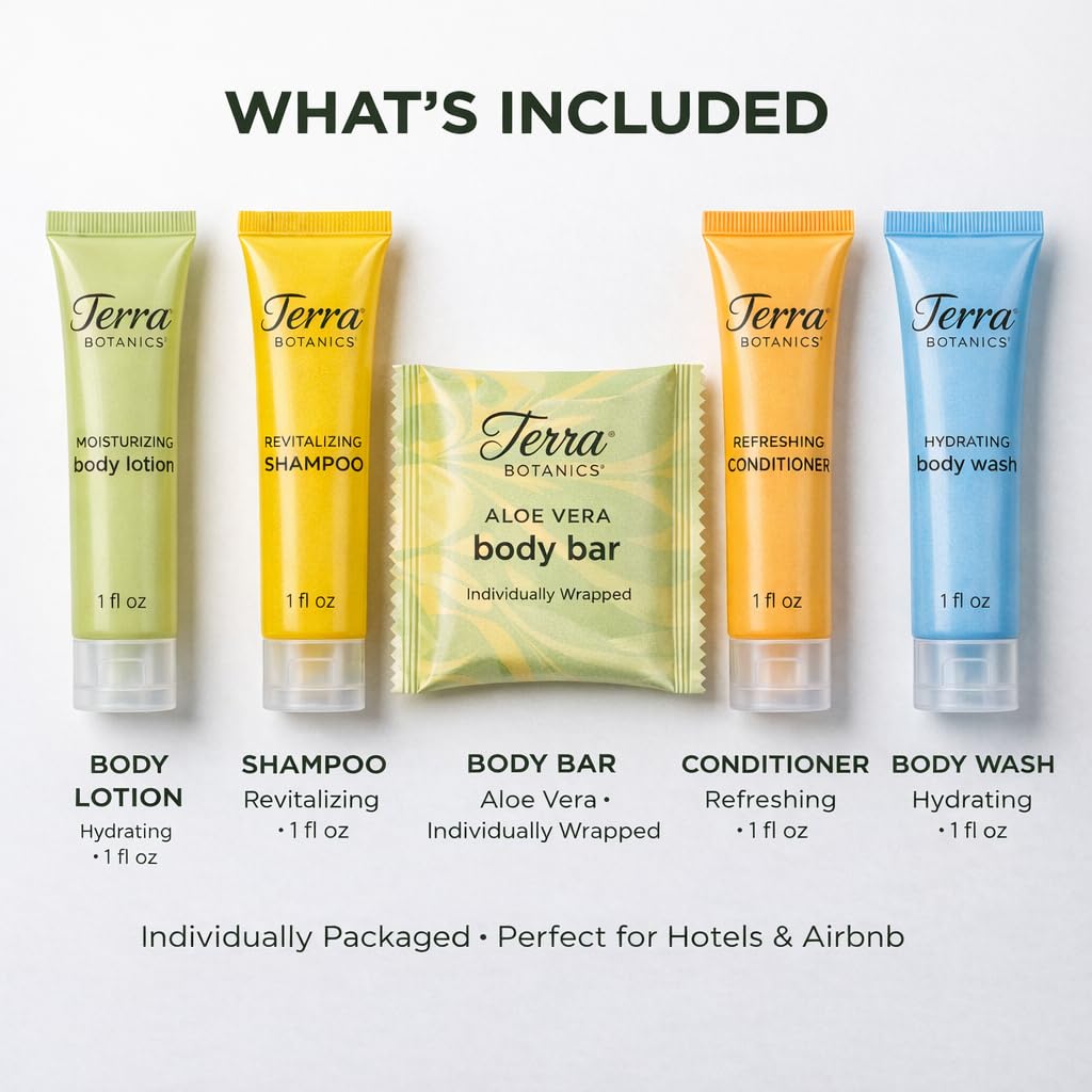 Terra Botanics Hotel Amenities Kit – 300 Piece Set (60 Each) – Shampoo, Conditioner, Body Wash, Lotion & Body Bar – Bulk Guest Toiletries for Hotels, Airbnb, Vacation Rentals