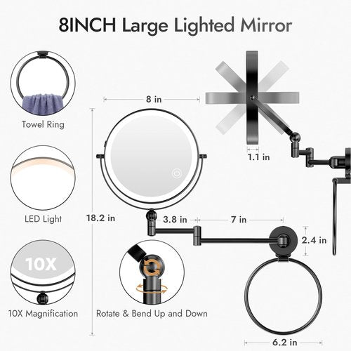 Rocollos Height Adjustable Wall Mounted Makeup Mirror with Towel Ring, Double Sided 1X/10X Magnifying Rechargeable LED Vanity Mirror with Lights 360 Swivel Extendable Arm Lighted Cosmetic Mirror