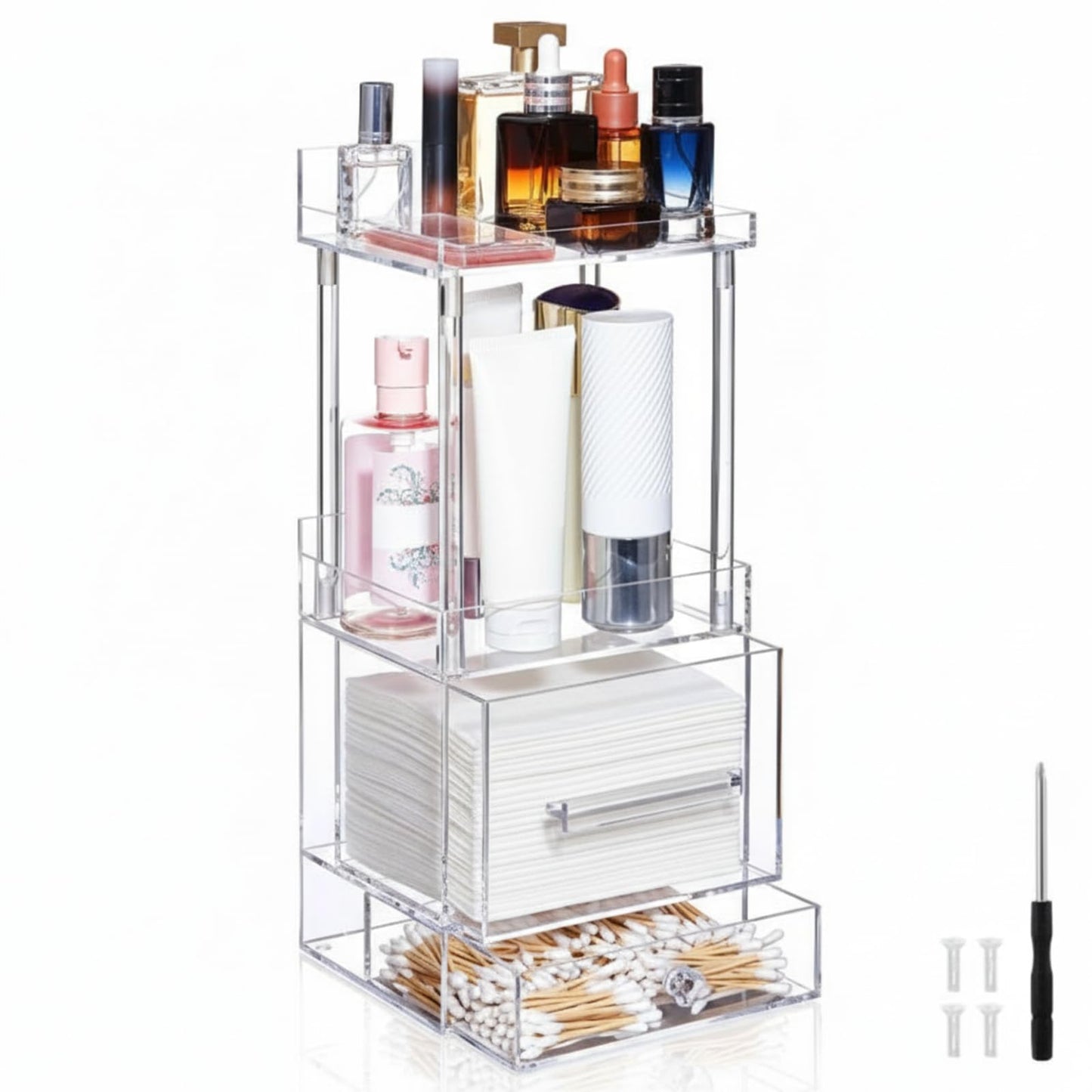 Qinyoung 4-tier Acrylic Vanity Organizer, Facial Towel Dispenser Box Compatible with XL Clean Towels (Excluding), Makeup Storage Drawer Style Countertop Organizer for Bathroom Skincare Station