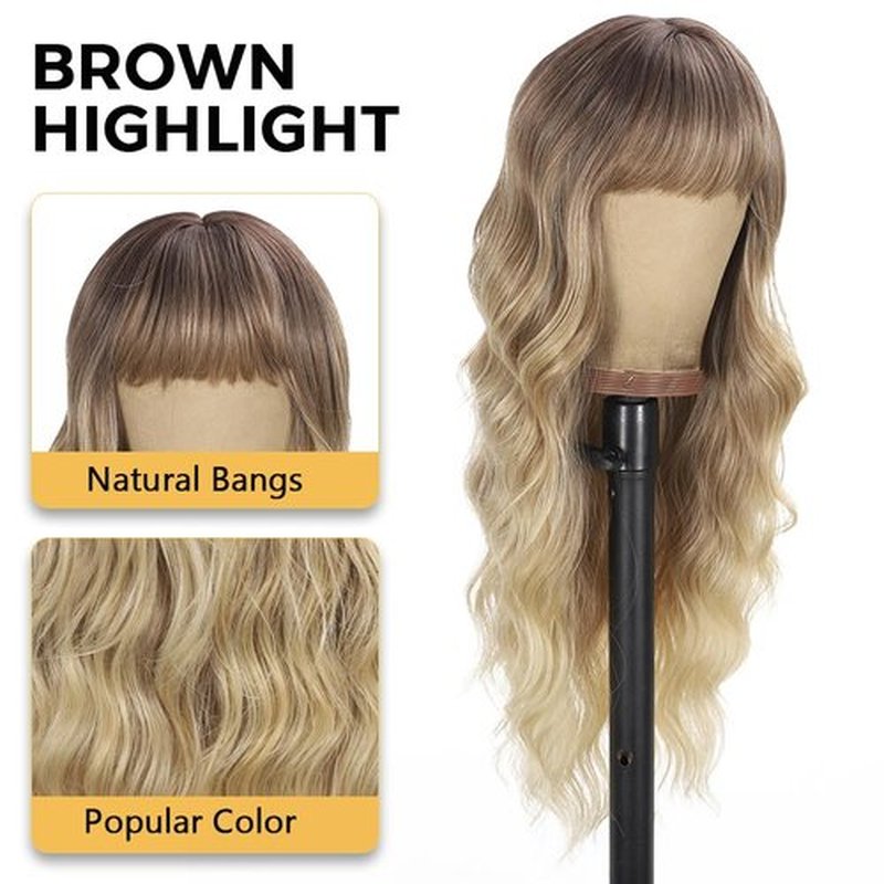 UNNYMGER Blonde Wig with Bangs Long curly wavy Wig for Women Ombre wig with Brown root skin-friendly synthetic fiber wig for festival holiday Use 26IN