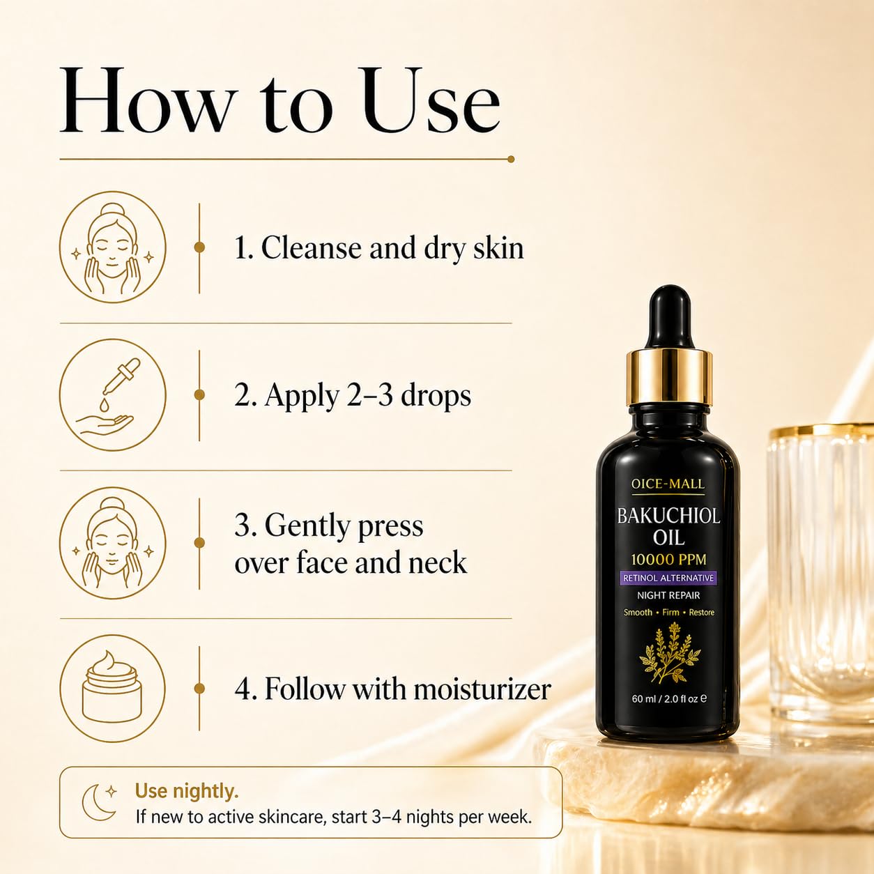 Bakuchiol Oil 10000 PPM, Plant-Based Retinol Alternative Facial Oil, Night Repair Face Oil for Fine Lines, Firmness & Radiance, Lightweight Anti Aging Oil with Squalane, Rosehip & Marula, 2 fl.oz