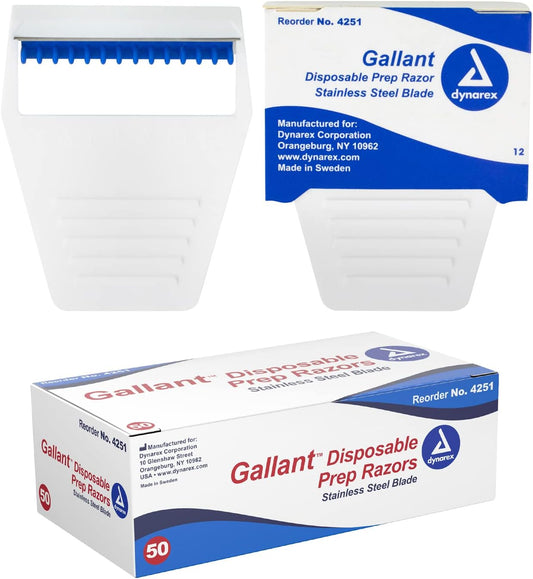 Dynarex Gallant Disposable Prep Razors, Used before ECG and other Procedures, Disposable Razors with Open Design, Ergonomic Surgical Prep Razors, 1 Box of 50 Razors