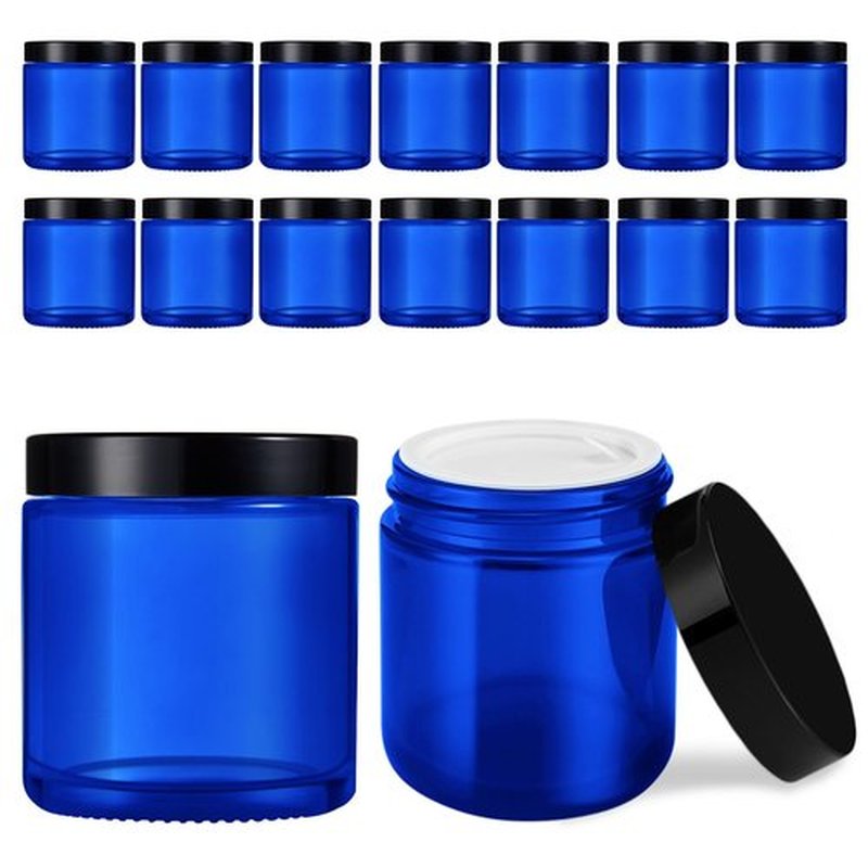 4 oz Glass Jars with Lids, Tecohouse 16 Pack Blue Glass Jars with Black Lids & Inner Liners, Mini Travel Sample Containers for Slime, Makeup, Cream, Lotion, Cosmetic