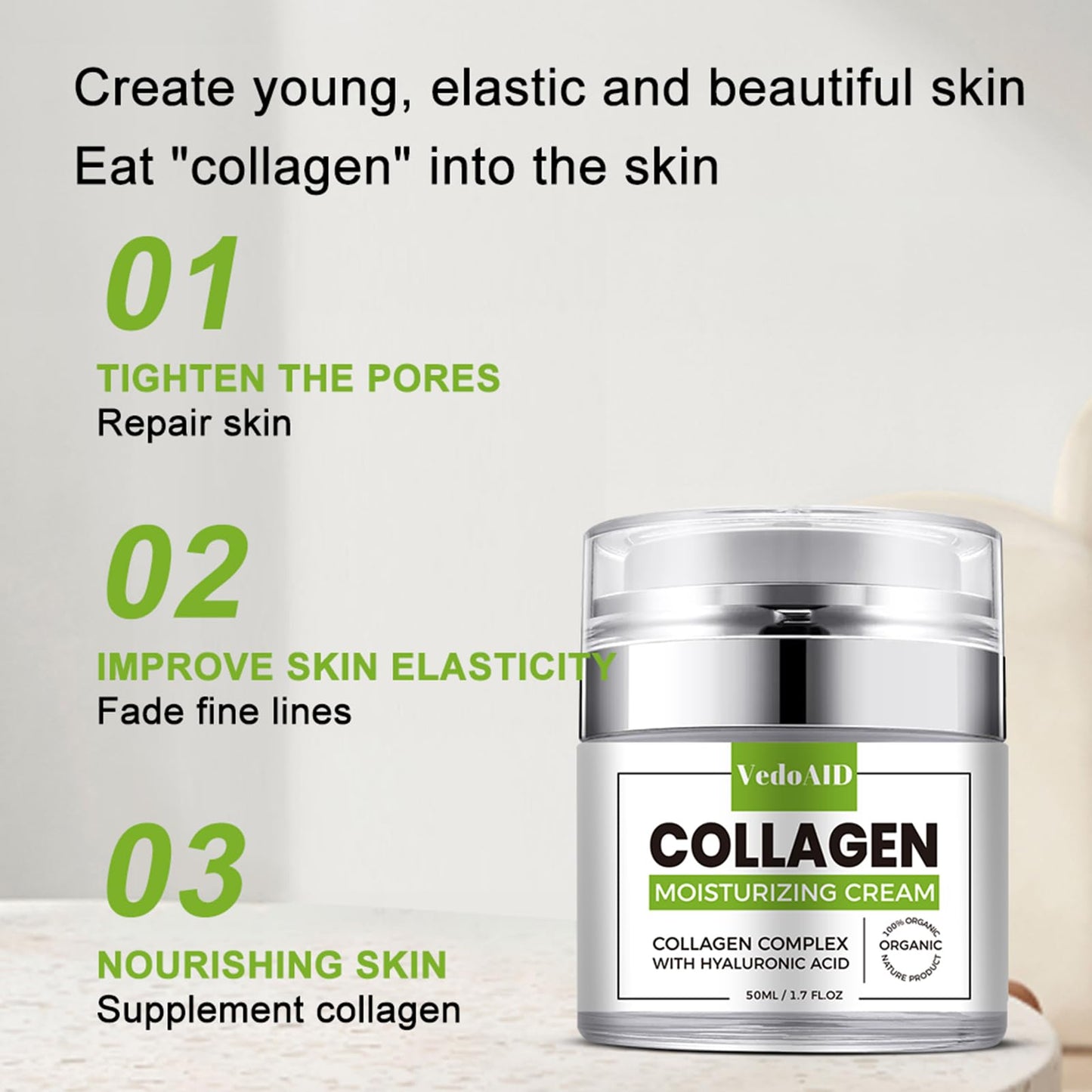 VedoAID Collagen Moisturizing Cream with Hyaluronic Acid, Deep Hydrating Anti-Aging Face Cream for Firming Skin, Day & Night Facial Moisturizer for Women & Men, 1.7 fl oz (50ml)